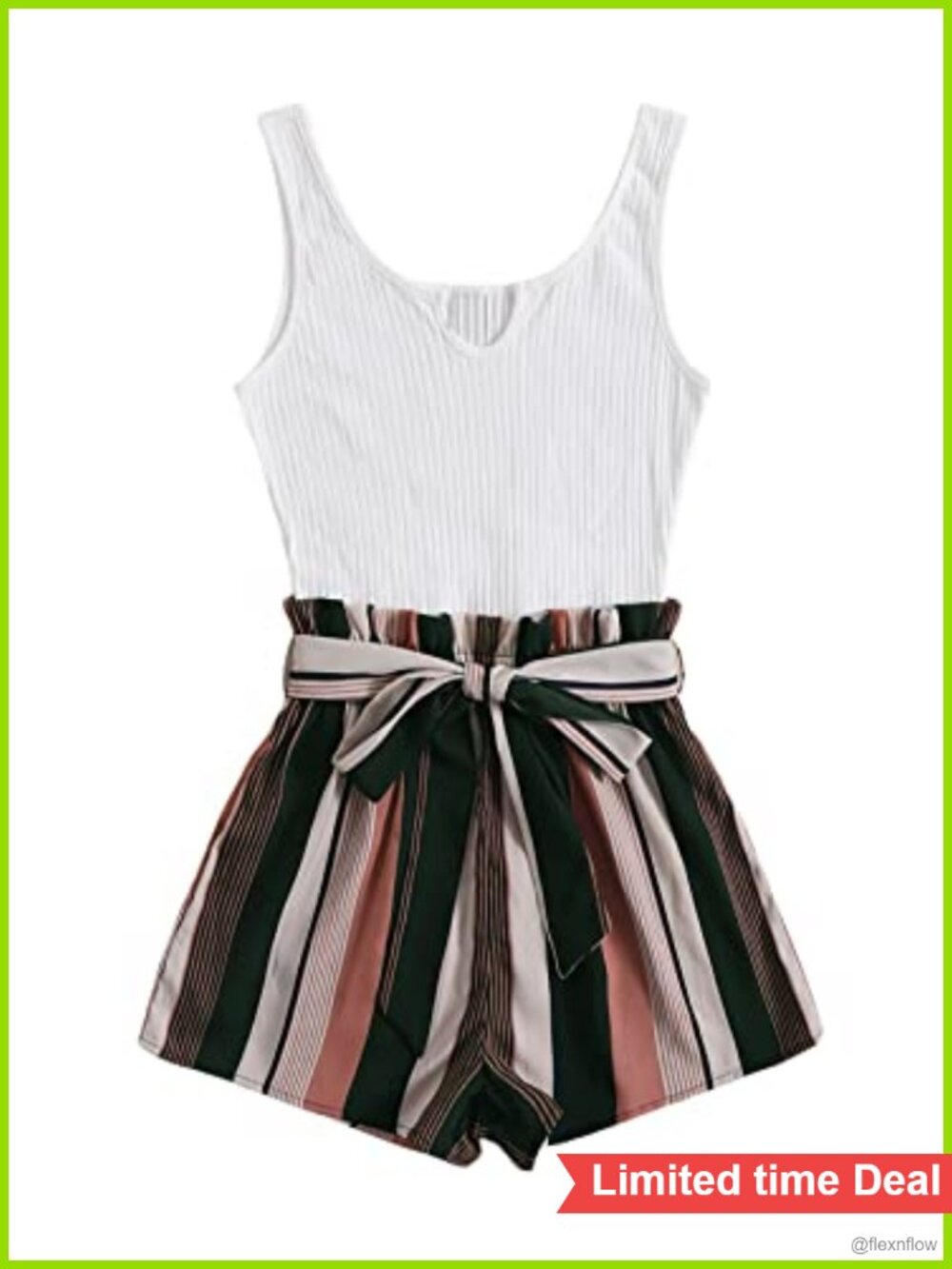Sleeveless Belted Tank Romper Short Jumpsuit Rib Knit Casual Summer